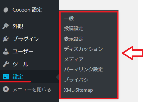 WordPressの設定メニュー画面