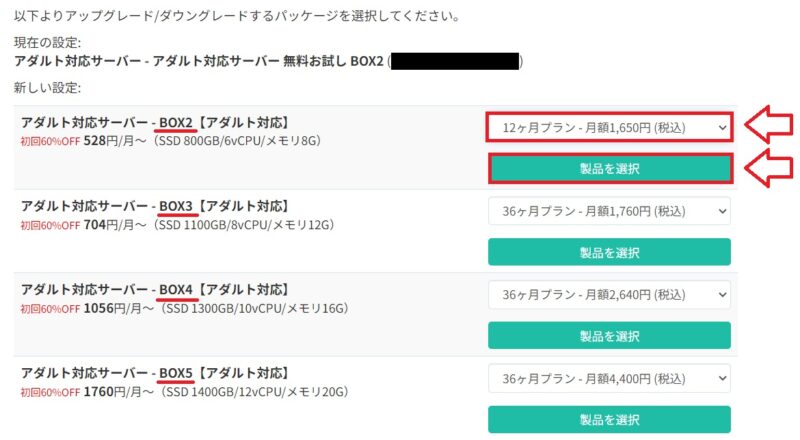 カラフルボックスで本契約プランと契約期間を選択する画面