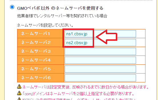 他社管理ドメインでカラフルボックスのネームサーバーを設定する画面