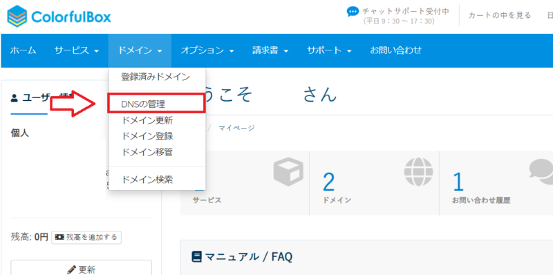 カラフルボックスのDNS管理を開く画面