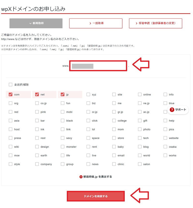 シンレンタルサーバーで取得したいドメインを検索する画面