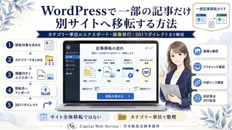WordPressで一部の記事だけ別サイトへ移転する方法｜カテゴリー単位のエクスポート・画像移行・301リダイレクトまで解説