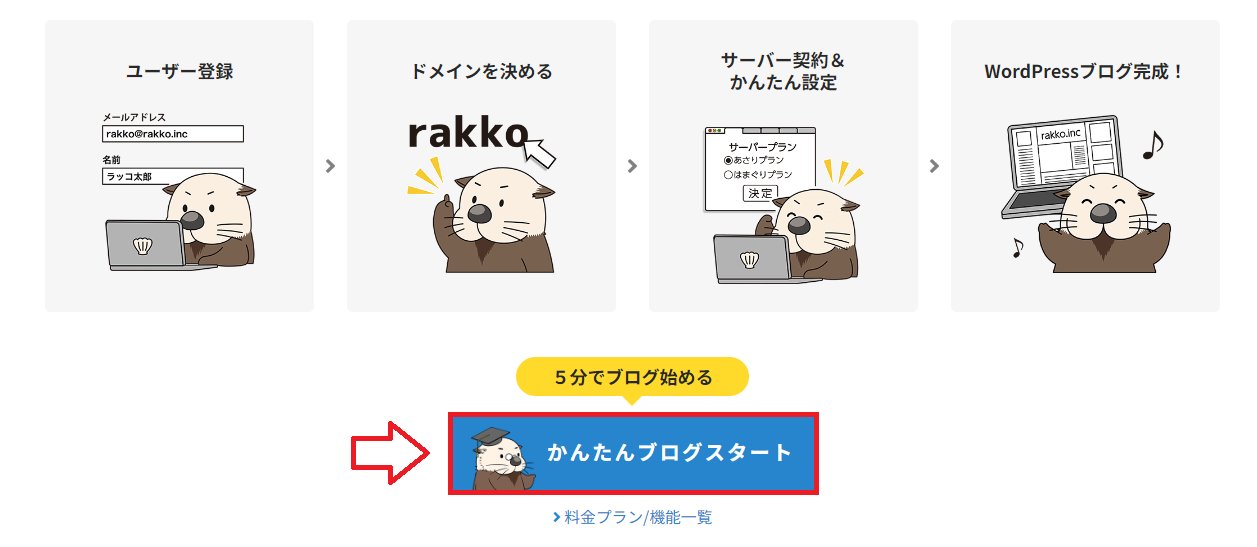 ラッコサーバー公式サイトで新規登録を選択する画面