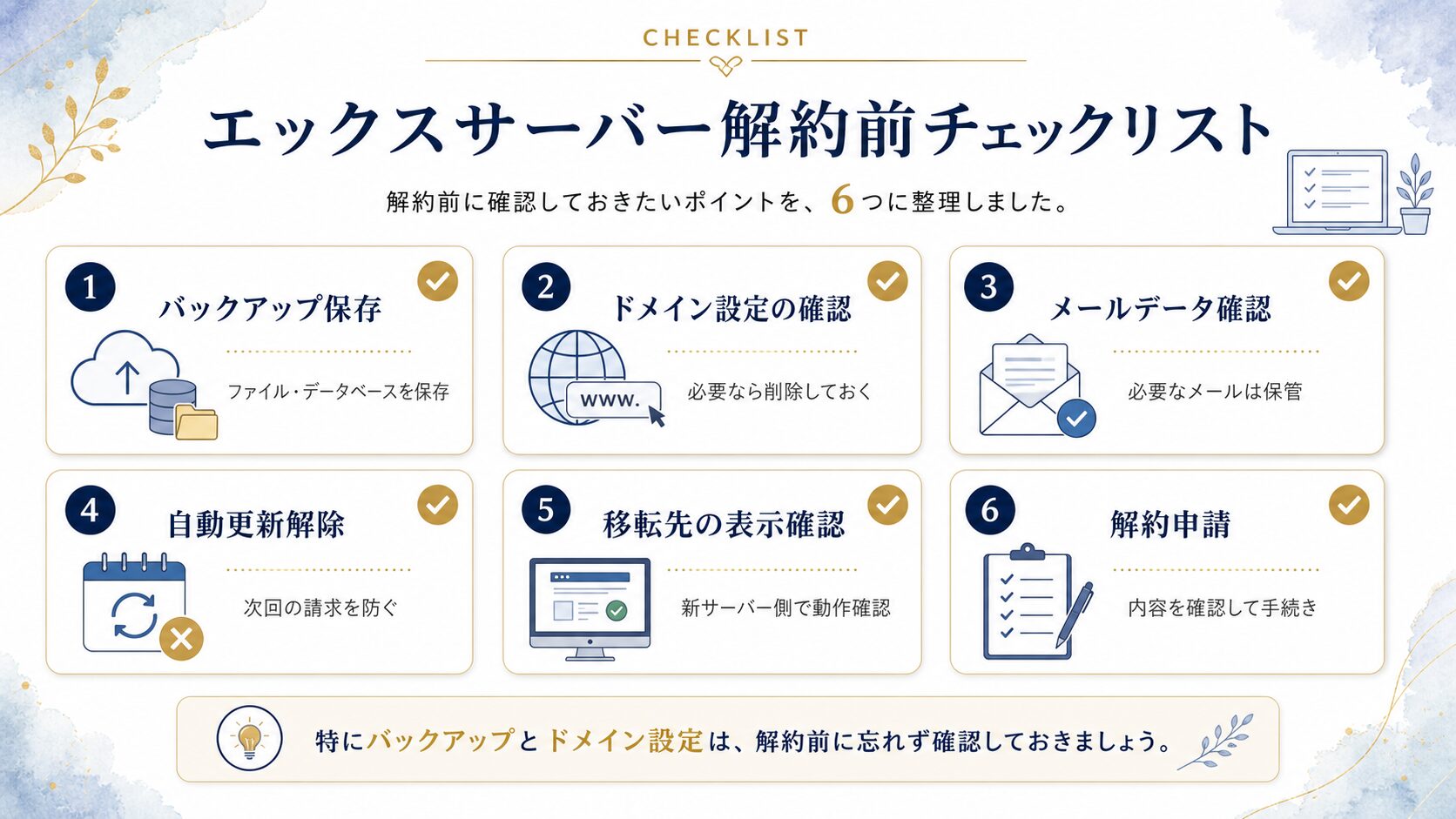 エックスサーバー解約前の確認事項をまとめた図解