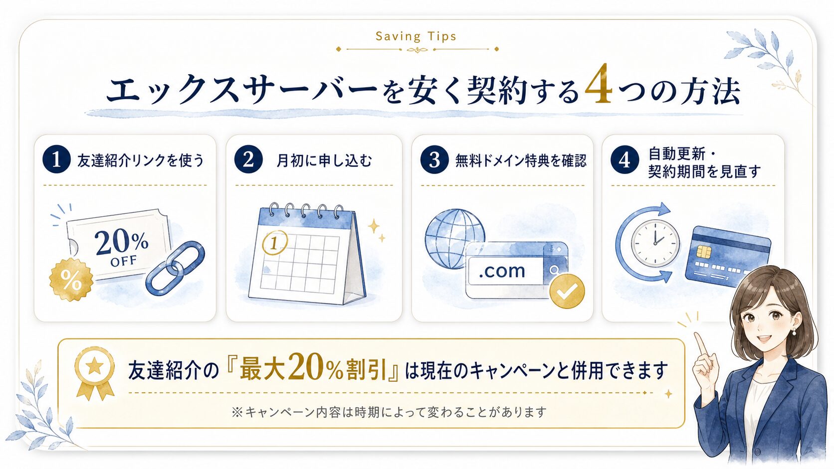 エックスサーバーを安く契約する4つの方法を説明した図解