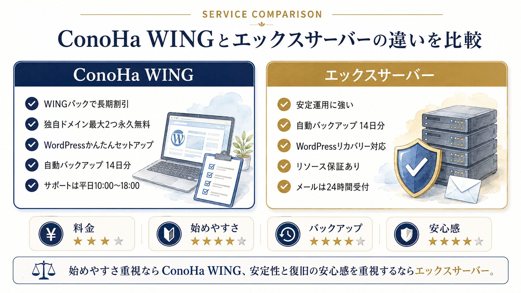 ConoHa WINGとエックスサーバーの料金・速度・バックアップ・サポートの違いを比較した図解